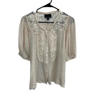 Cynthia Rowley Embroidered Lace Button Front Blouse Beige Sz Medium Floral Boho